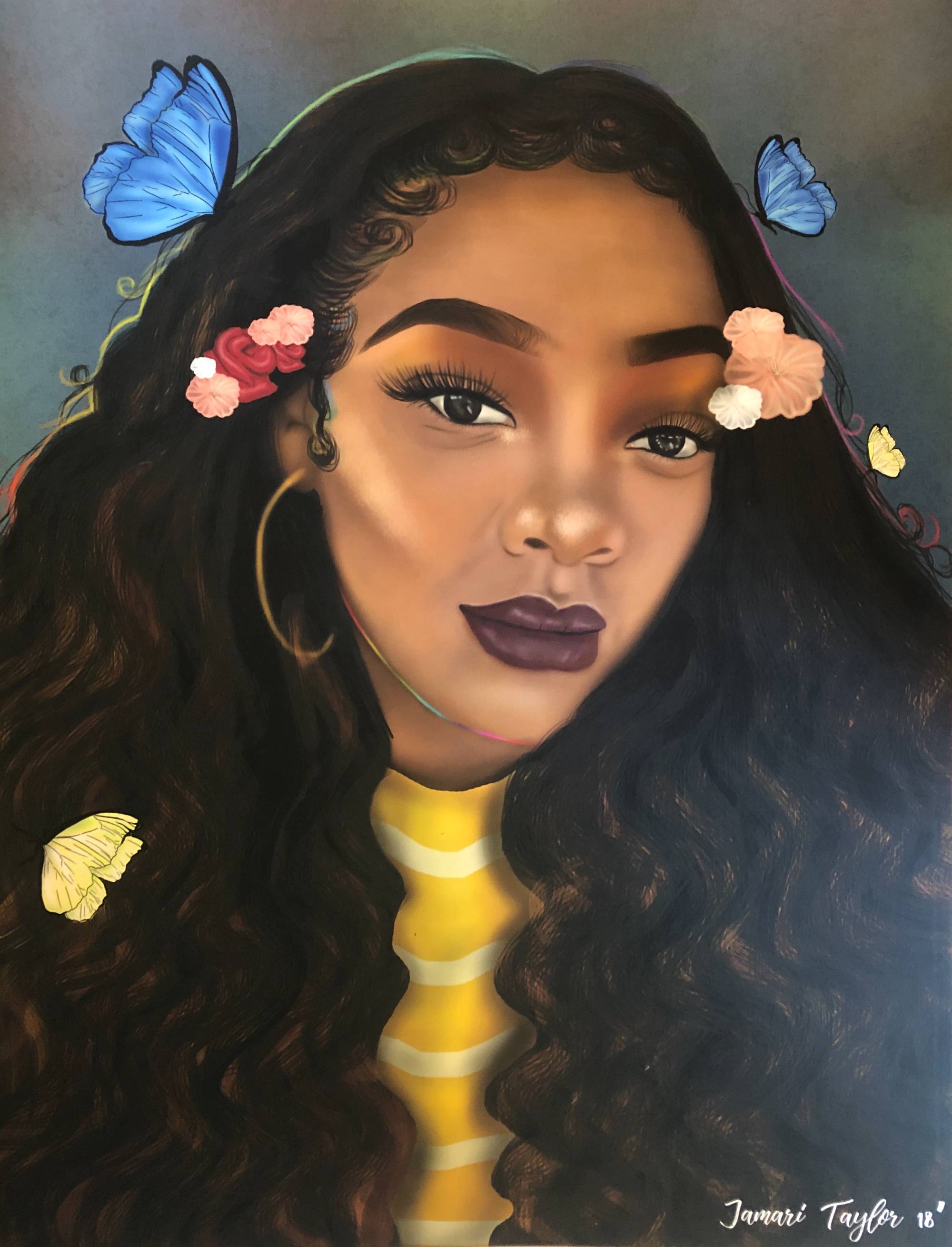 Digital portrait of a black woman and butterflies.